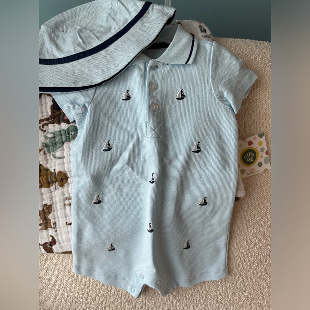 Little Me Blue Romper with Navy Sailboat Details and Matching Hat. Size 6 months